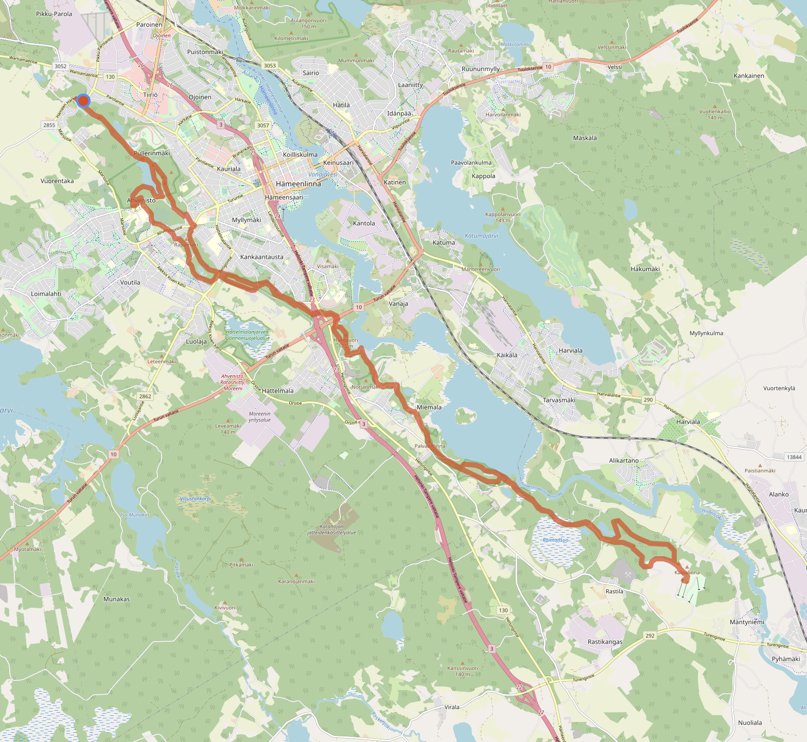 Ahvenisto (Hämeenlinna) – Kalpalinna, GPS-jälki 